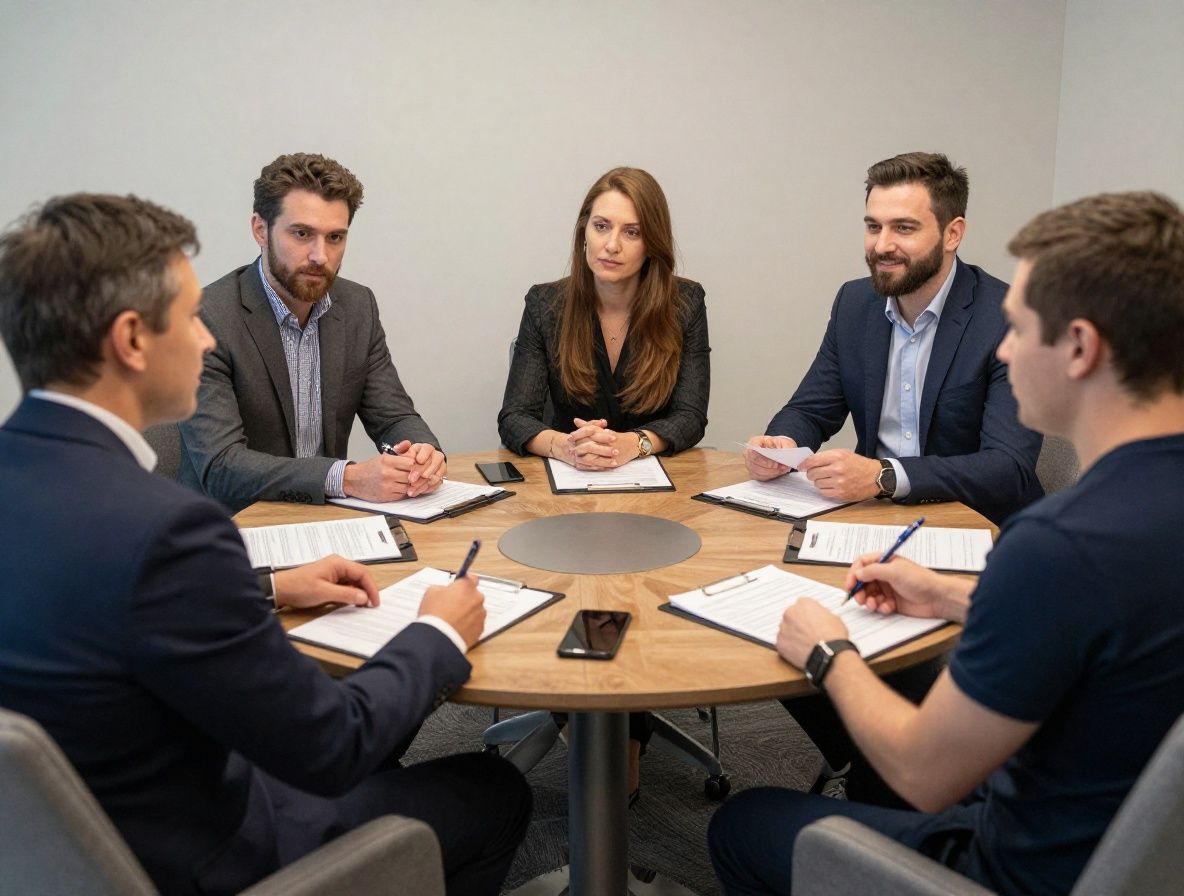 Команда профессионалов за круглым столом обсуждает документы и материалы, деловая встреча в конференц-зале