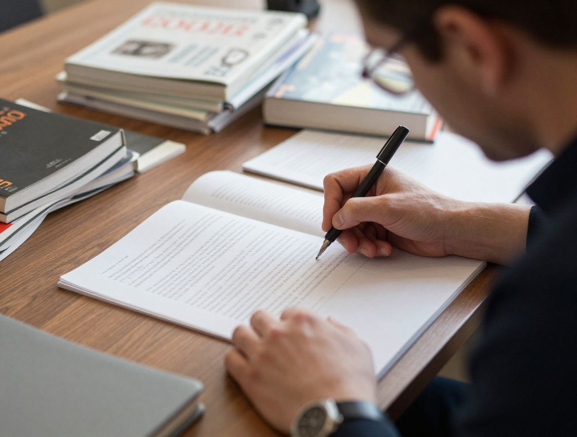 Исследователь-психолог за рабочим столом просматривает научные материалы в светлом современном офисе с книгами и ноутбуком