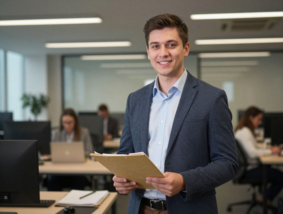 Молодой специалист-психолог в деловой одежде держит папку с документами в холле профессионального здания