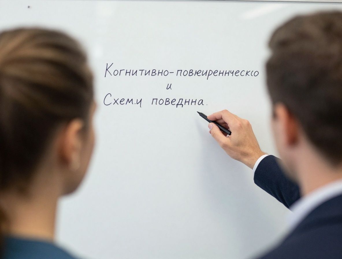 Психолог объясняет клиенту схему мыслей и поведения на белой доске в терапевтическом кабинете