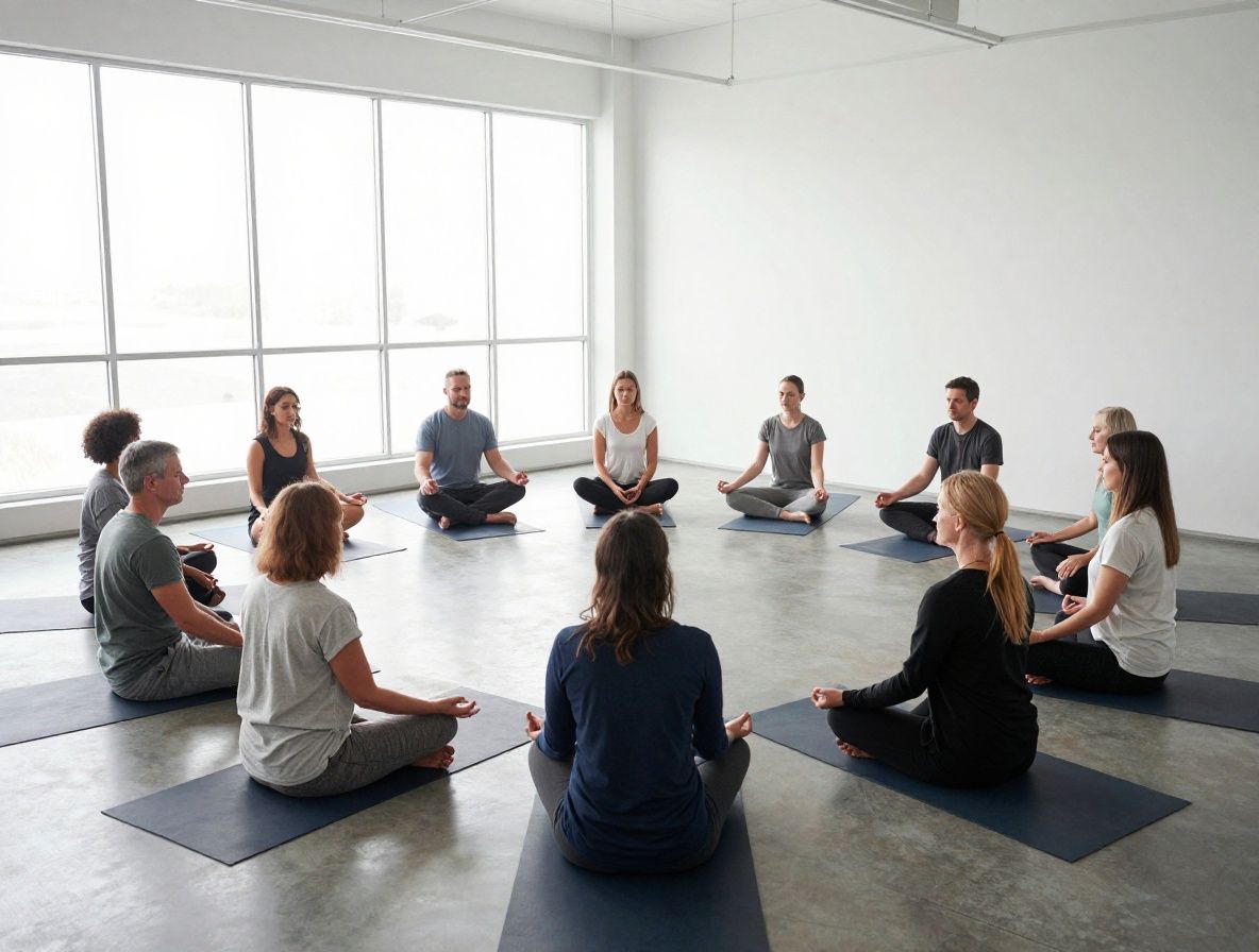 Группа взрослых людей занимается медитацией в просторной светлой студии, сидят в позах осознанности на ковриках, инструктор стоит перед группой