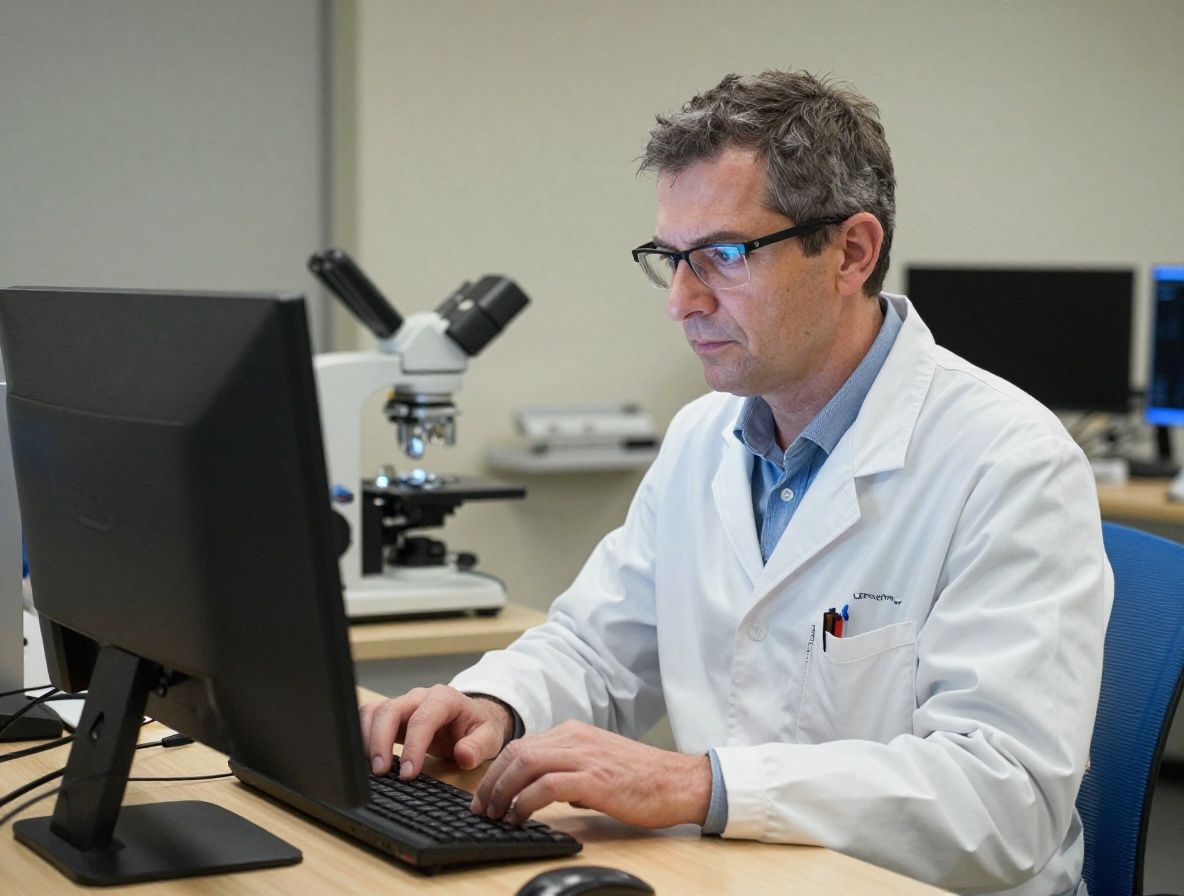 Учёный-нейробиолог за компьютером анализирует цветные изображения мозга в тёмной лаборатории