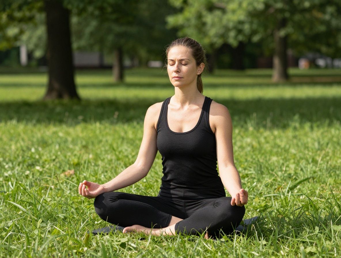 Женщина практикует медитацию на природе в парке, солнечный день, расслабленная поза, зелёный фон