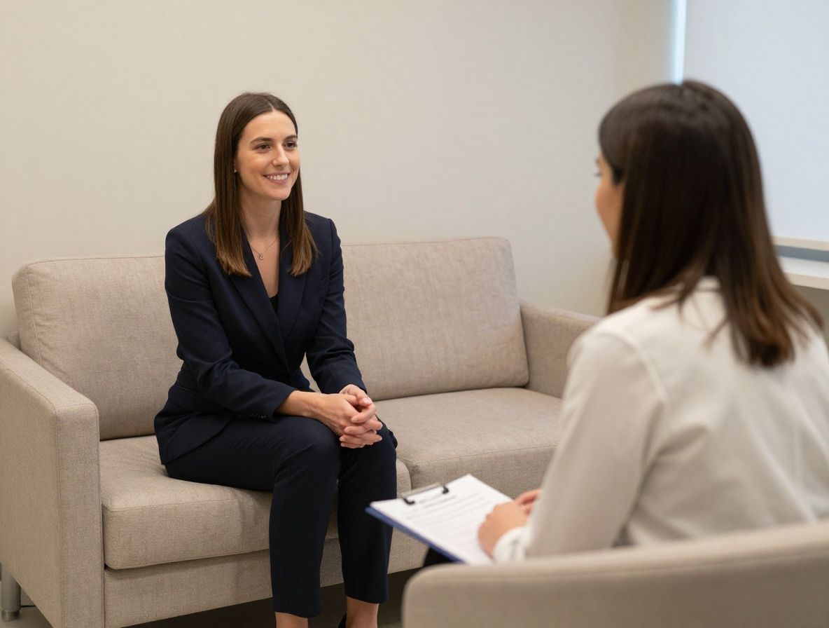 Кабинет клинического психолога с мягким освещением, кушетка и кресла для психотерапии в спокойных тонах