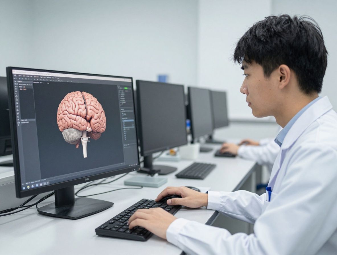 Студент изучает нейровизуализацию мозга на большом экране в университетской лаборатории когнитивных исследований