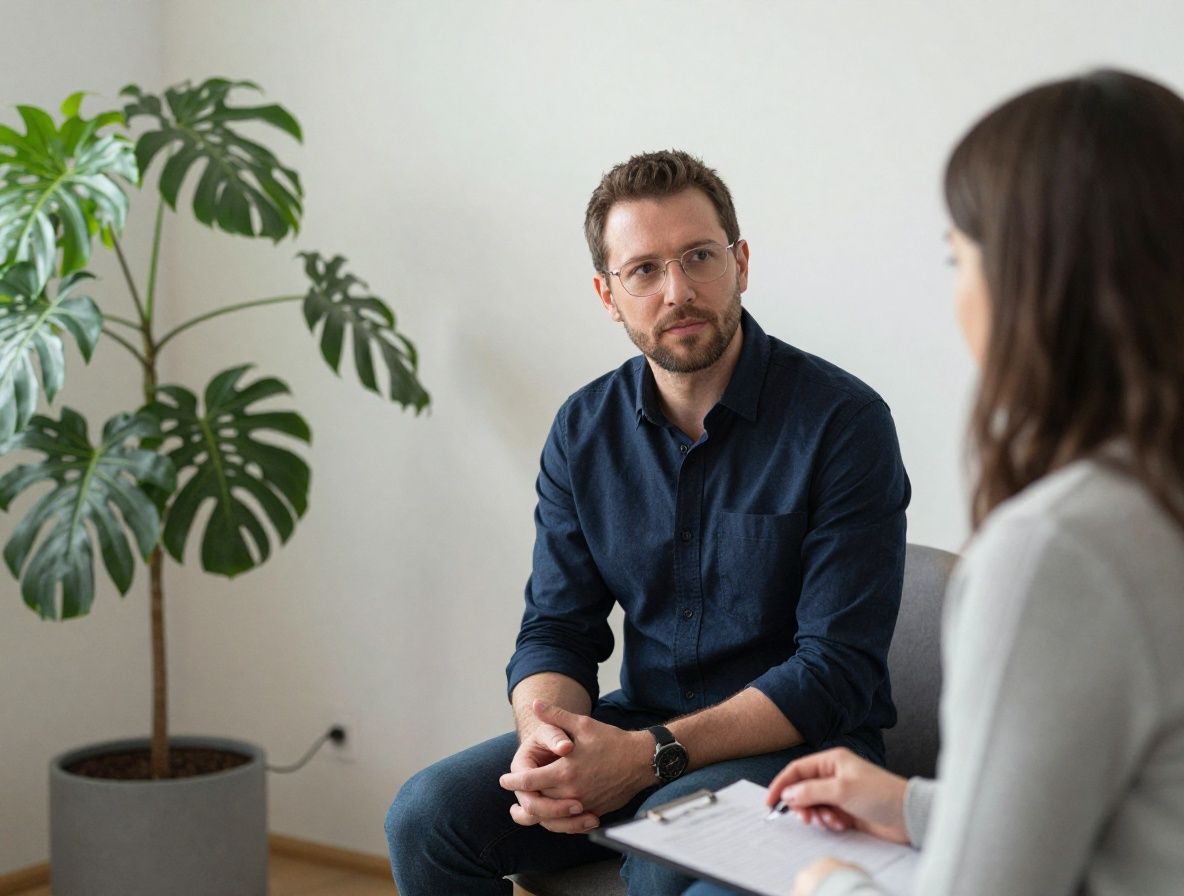 Психолог-консультант беседует с клиентом в уютном офисе, два кресла расположены напротив друг друга, мягкий дневной свет