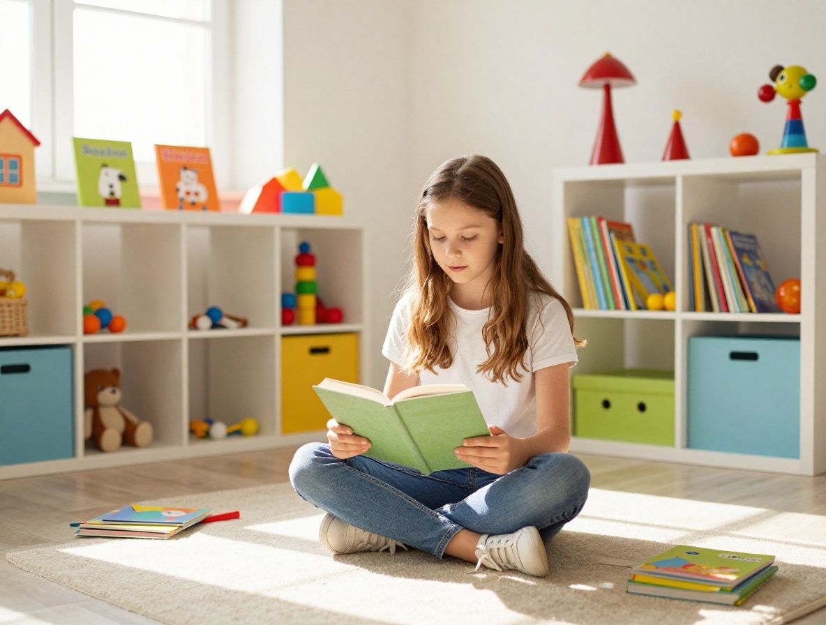 Детский психолог в уютном кабинете проводит сессию с ребёнком, яркие игрушки и книги на полках, солнечный свет