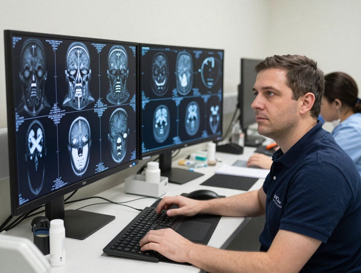 Нейропсихолог анализирует снимки МРТ мозга на нескольких мониторах в клинической среде, концентрированный вид