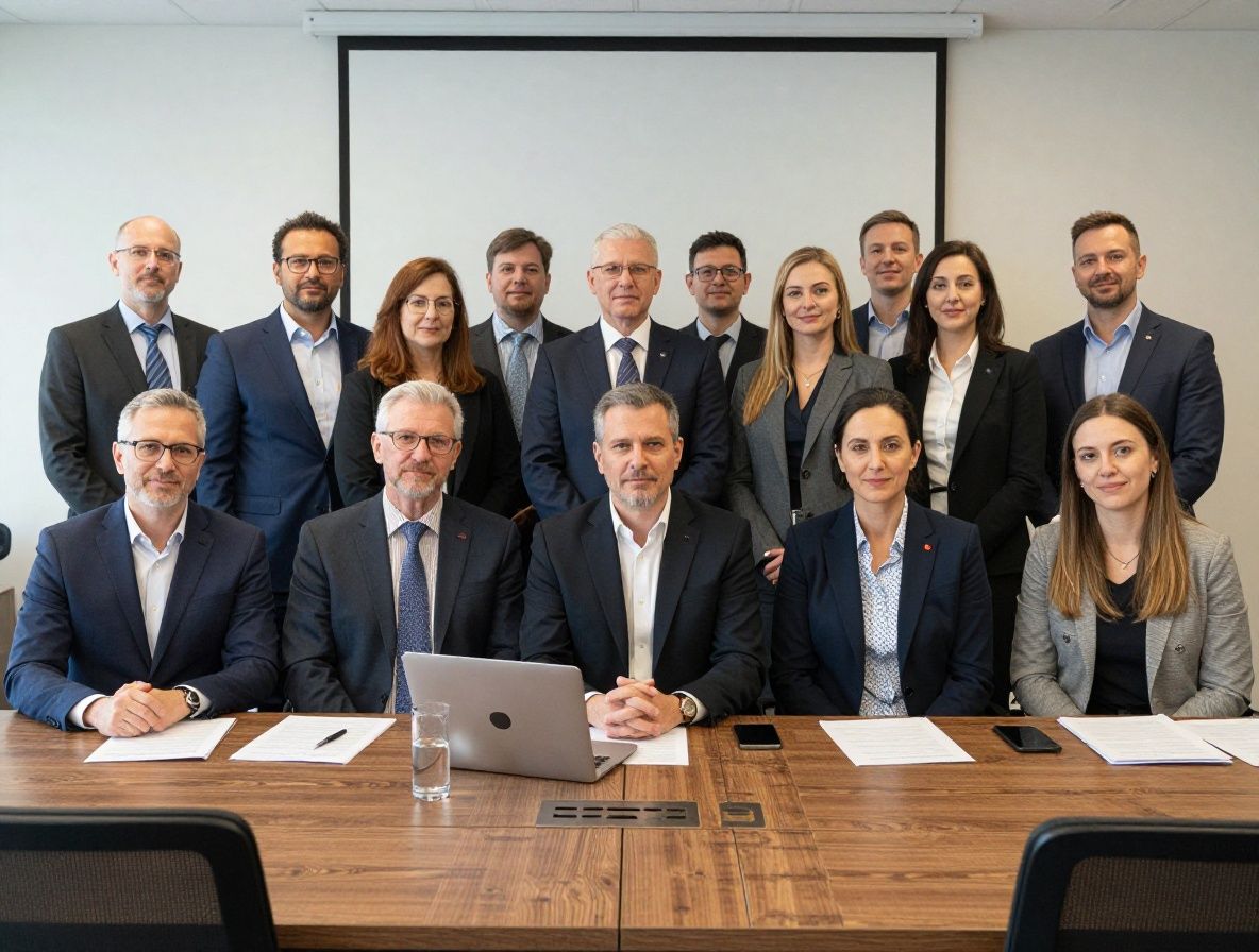 Группа сотрудников участвует в организационном тренинге в конференц-зале, психолог стоит у доски