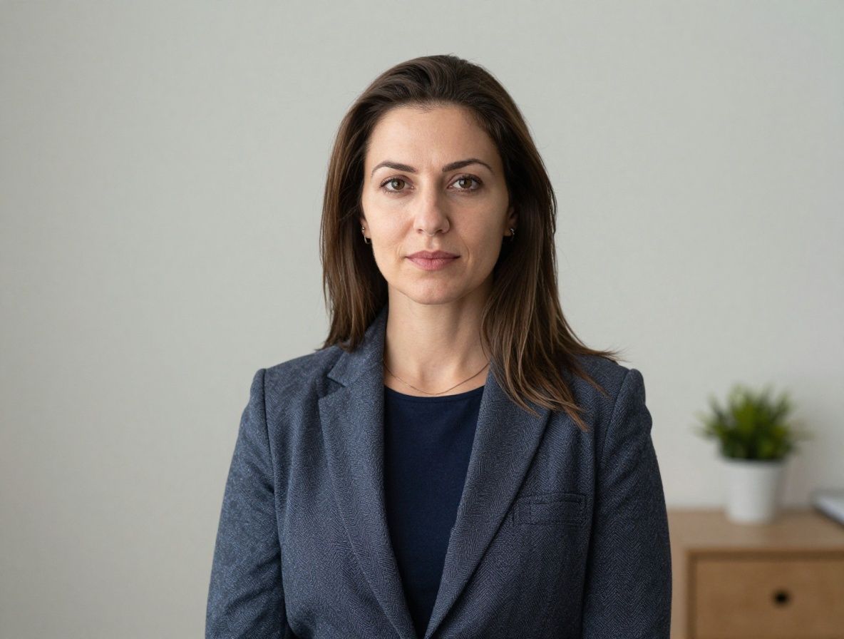 Профессиональный портрет женщины-психолога средних лет в деловом пиджаке, тёплый нейтральный фон