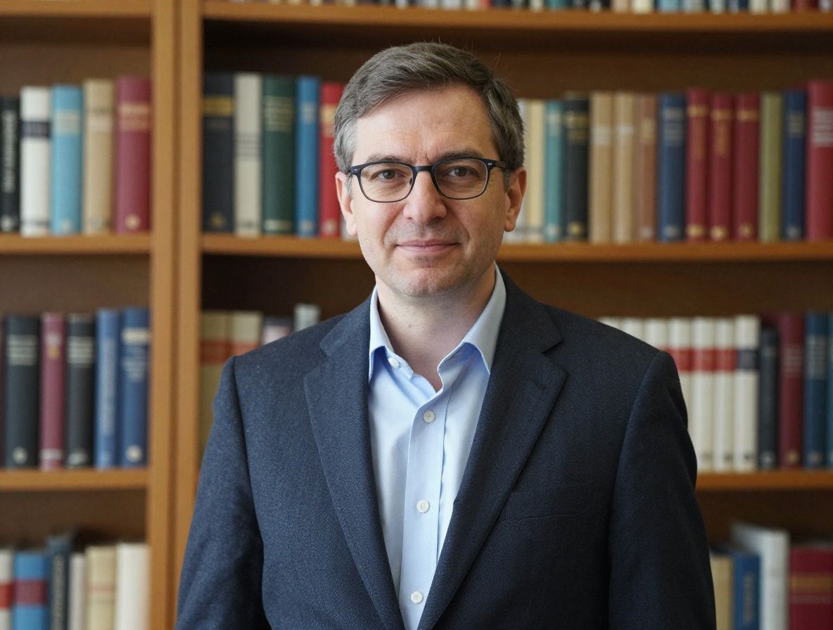 Портрет мужчины-учёного в очках на фоне книжных полок университетской библиотеки, умеренный возраст