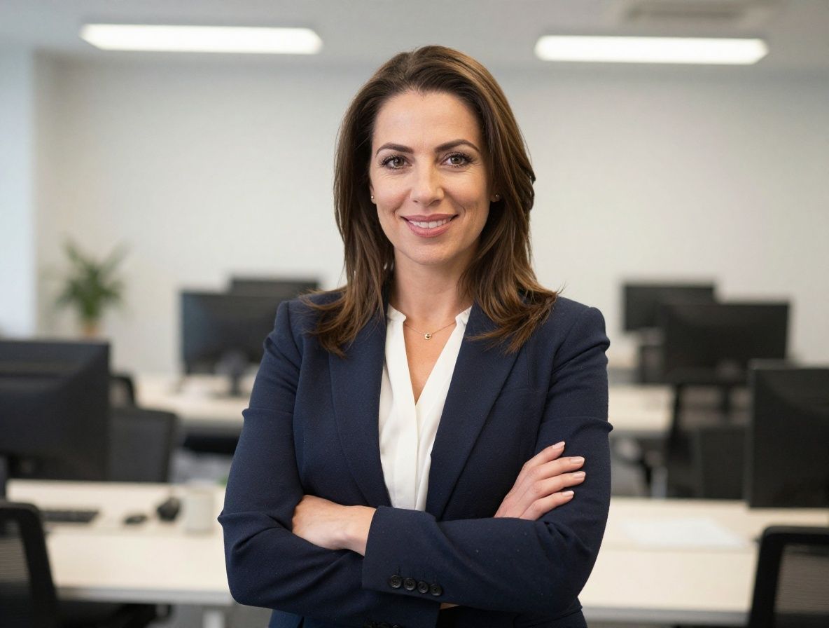 Портрет женщины-психолога-исследователя в лабораторном халате, позитивное выражение лица, светлый кабинет