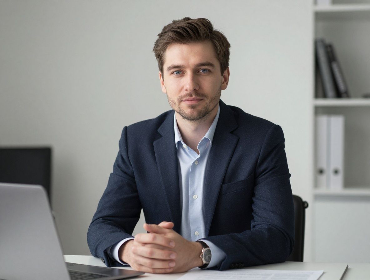 Портрет мужчины-психолога зрелого возраста в строгом костюме, светлый профессиональный офис