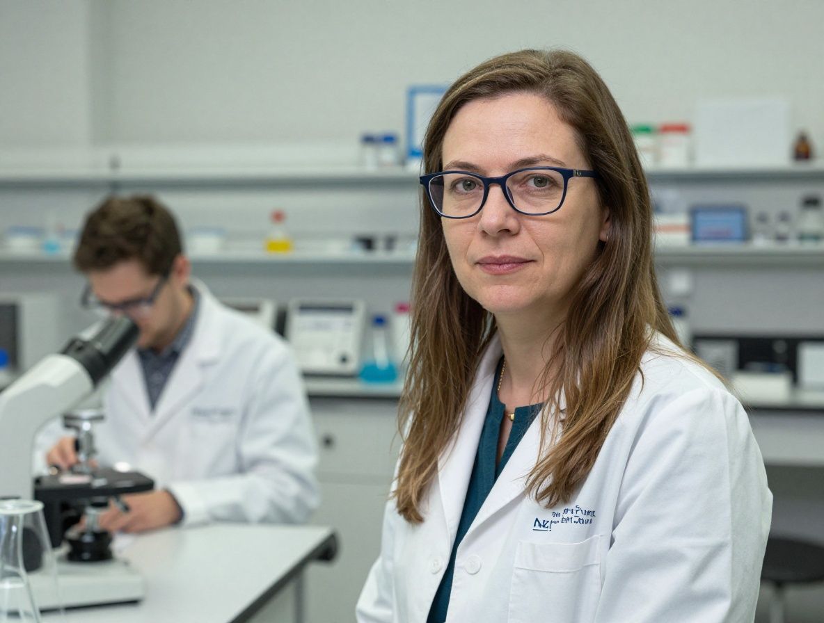 Портрет женщины-исследователя в области возрастной психологии, молодая, в очках, на фоне исследовательской лаборатории университета