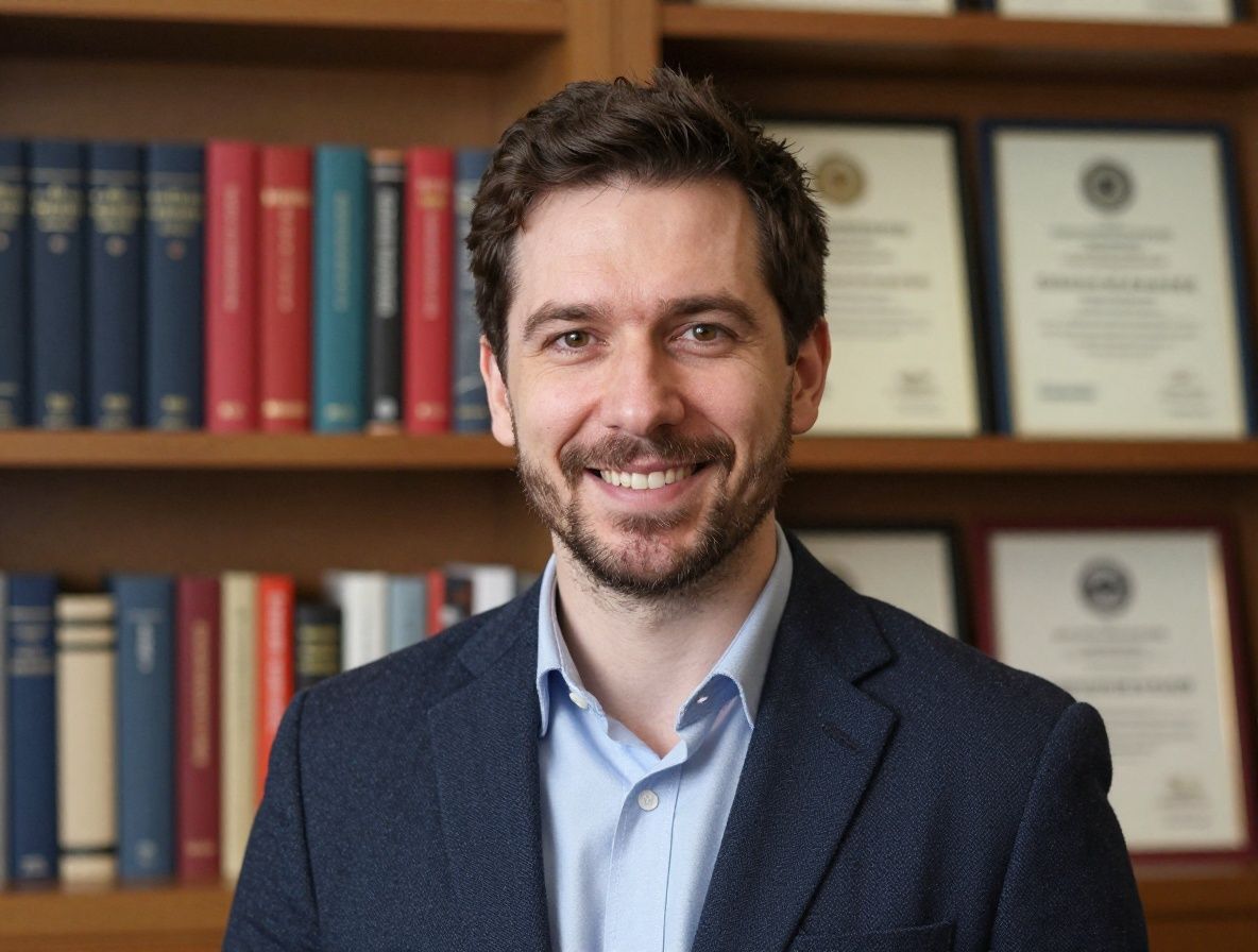 Портрет мужчины-психолога с тёплой улыбкой в светло-бежевом кабинете, книги и дипломы на заднем плане