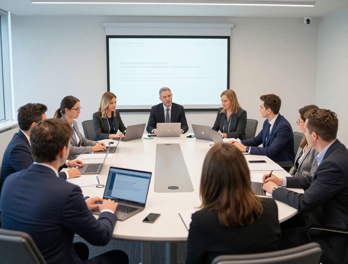 Команда профессиональных психологов за круглым столом в современном конференц-зале, деловая обстановка, ноутбуки и документы