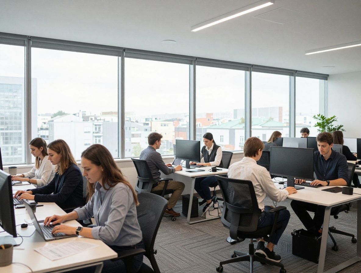 Светлый современный офис редакционной команды с панорамными окнами, сотрудники работают за столами с ноутбуками