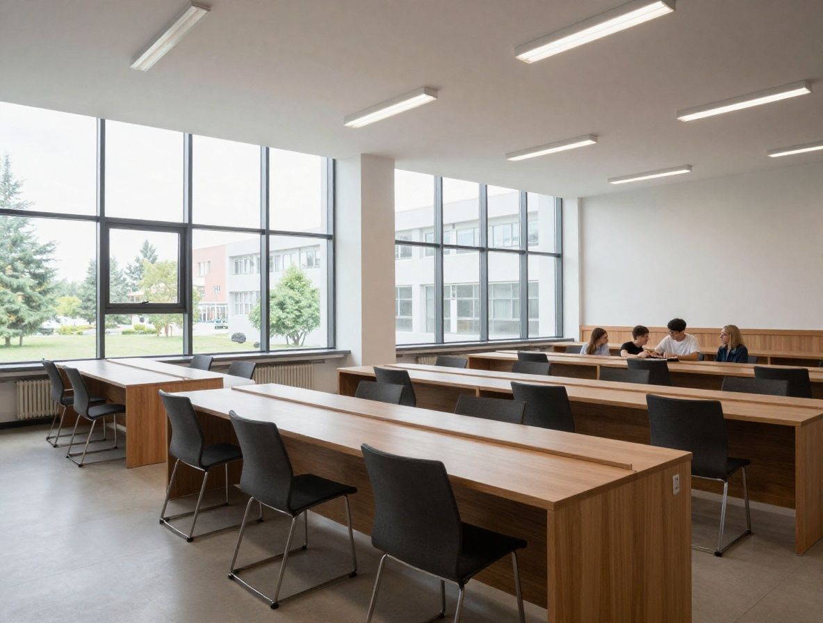 Светлый современный университетский корпус с панорамными окнами, студенты общаются в просторном лобби